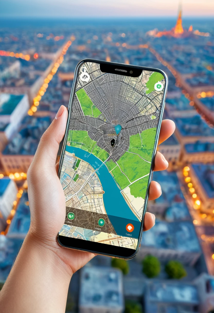 It's very realistic, with a smartphone in your hand and a map displayed on the smartphone screen, In the depths of the image are signs of a fantastic cityscape that has no sense of reality, outdoor