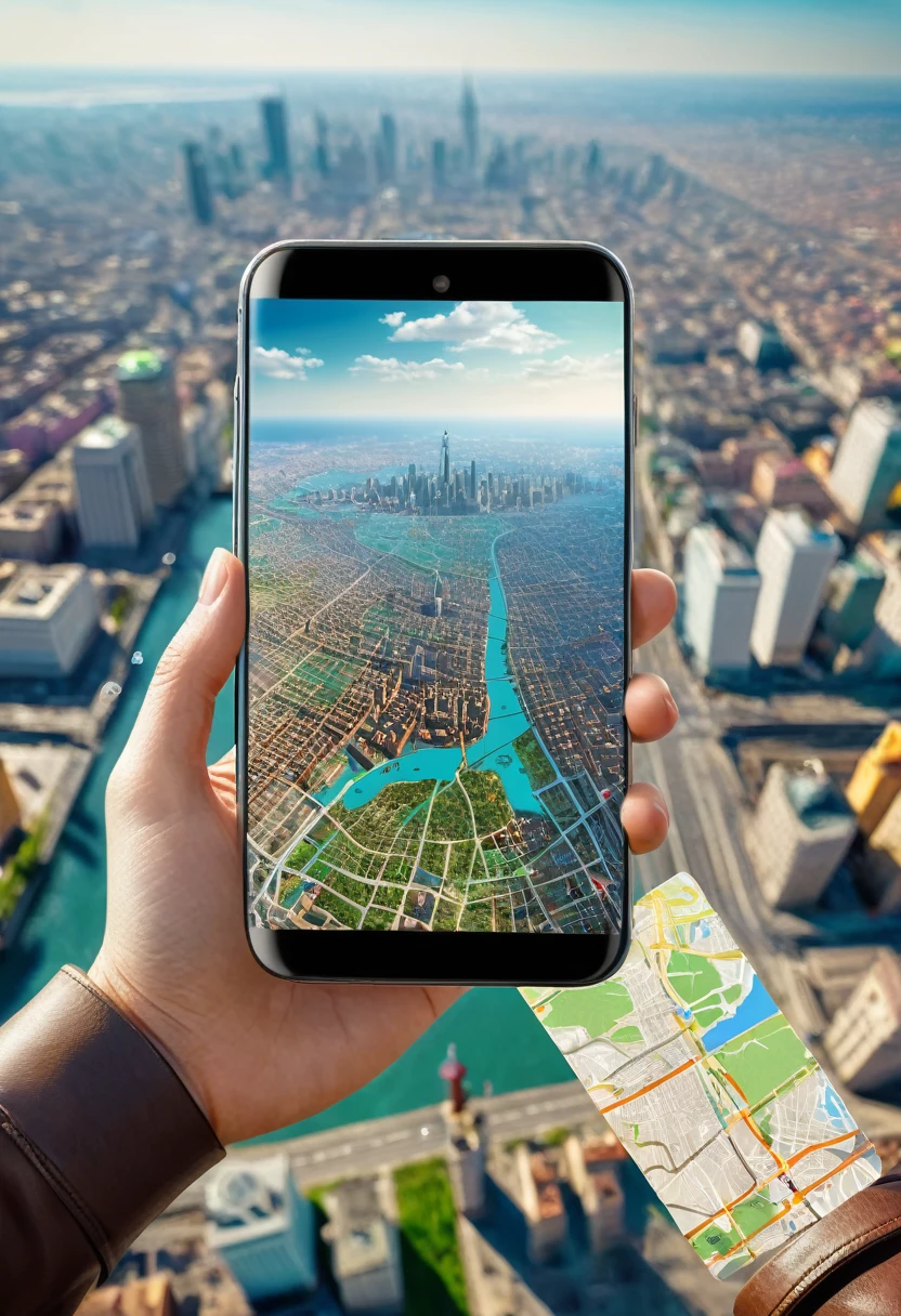 It's very realistic, with a smartphone in your hand and a map displayed on the smartphone screen, In the depths of the image are signs of a fantastic cityscape that has no sense of reality, outdoor