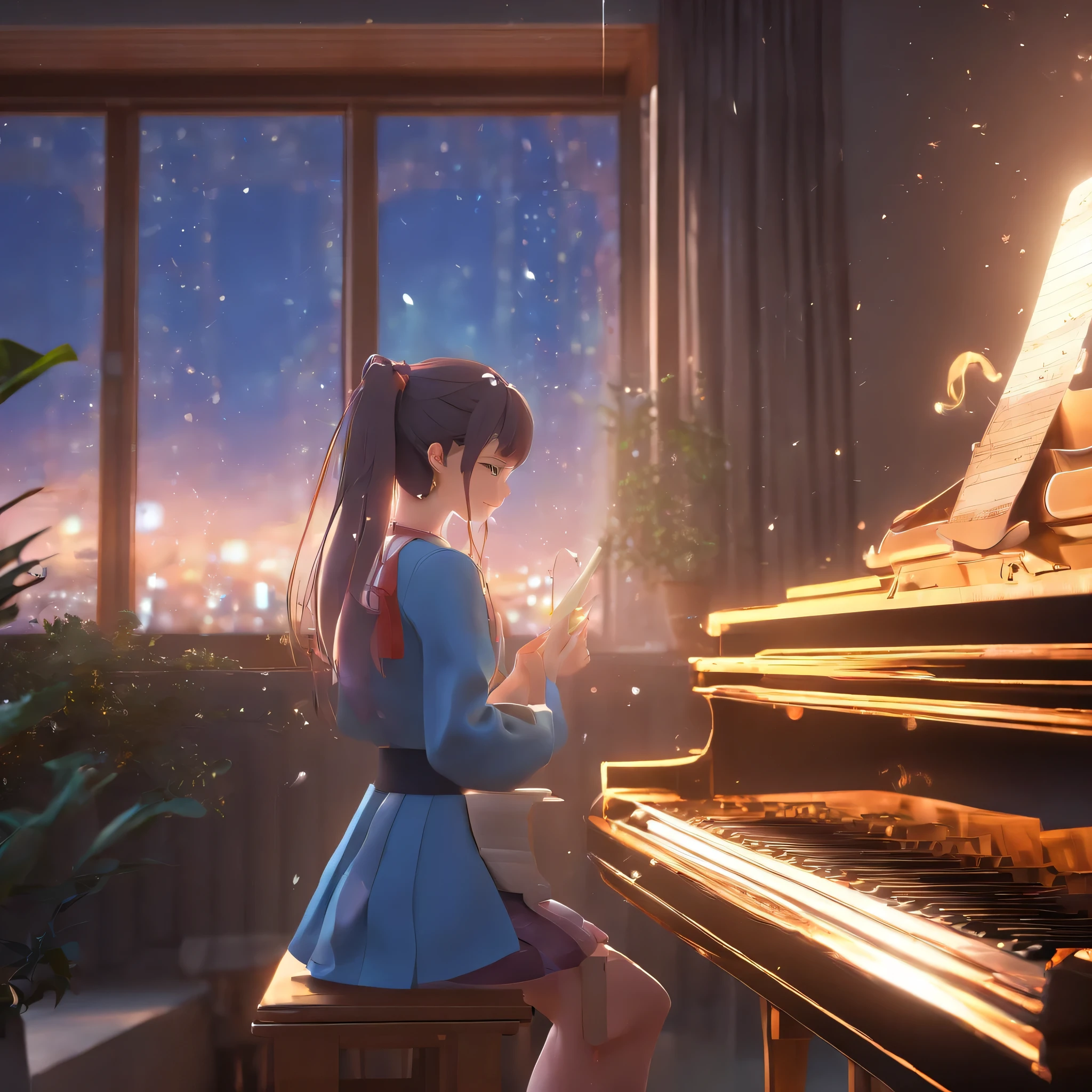  The sound of midnight rain intersects with the gentle melody of the piano.、Calming BGM anime images（girl）1 person