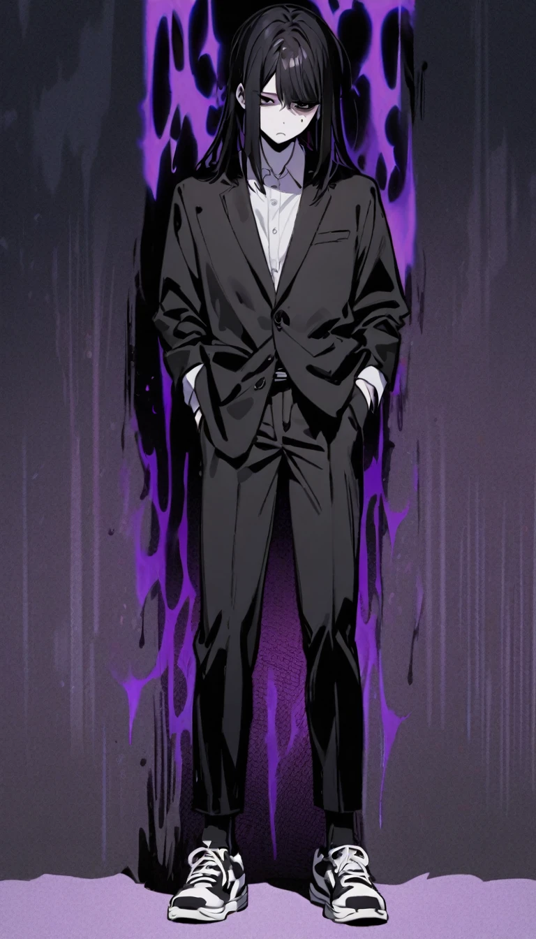 "1 Boy with black hair ,curtain bangs hairstyle, white iris ,black eyes,pale skin. Wearing a black school blazer, ,black pants,and sneakers,dark aura , depressed emotional expression,hands in the pocket,"