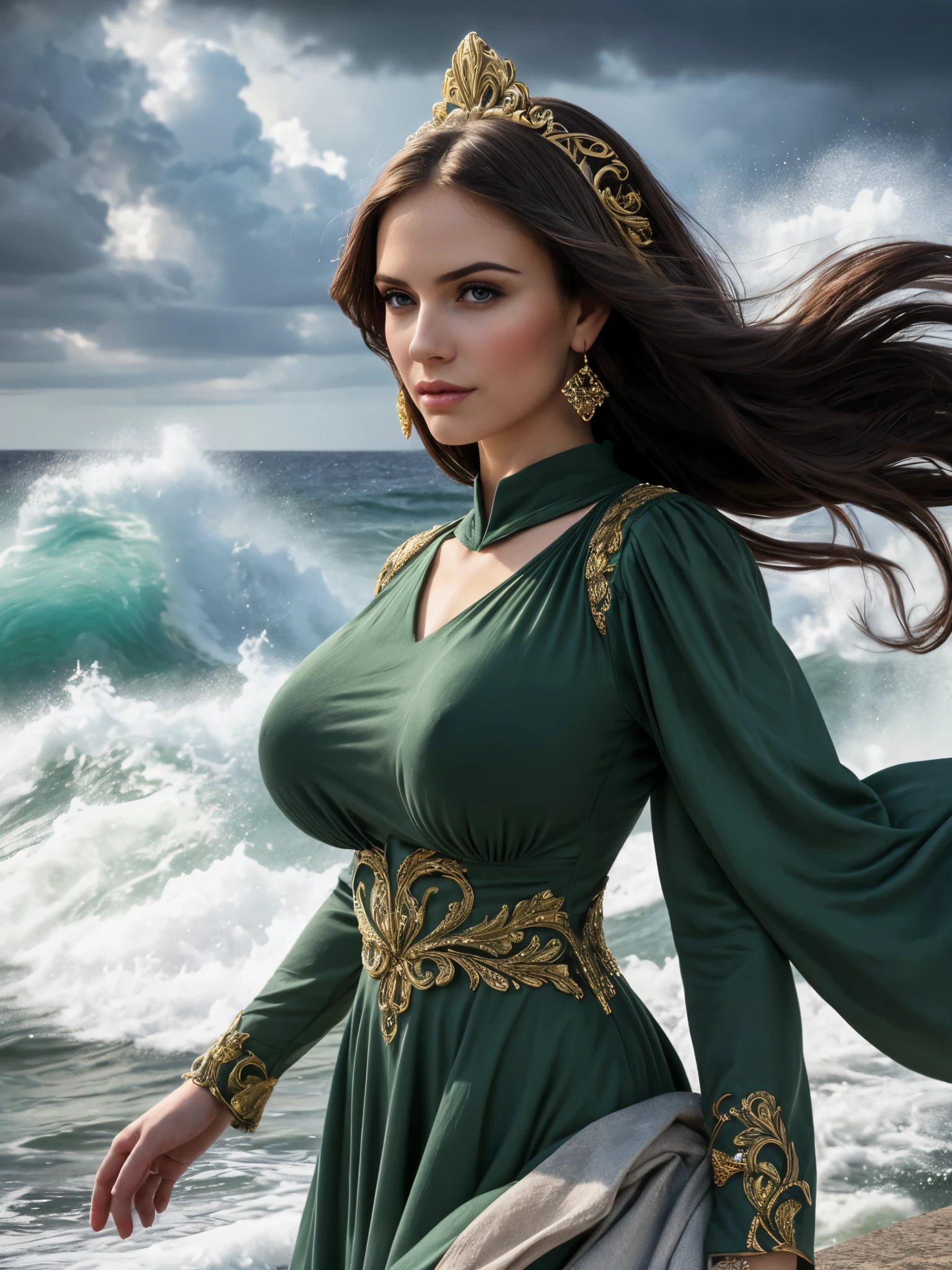 1girl, green dress, very long hair, colossal hurricane, stormy sea, swirling wind, crashing waves, fury ocean, cinematic lighting, (masterpiece:1.4), traditional clothing, detailed face, ornate headpiece jewelry, (looking at viewer:1.2), dangle earring, official art, soft clothes, costumes fluttering in the wind, super detailed, beautiful and aesthetic, top quality, grand, bold composition, glitter, high definition, beautiful portrait, full gigantic breasts,