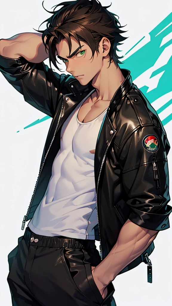  boy, 1.60 cm tall, dark green eyes, long dark brown hair, slim and muscular  ,wind breaker style and  long face, fighter  
Anime, dressed in a white tank top and long black trousers and a black leather jacket with Japanese symbols  