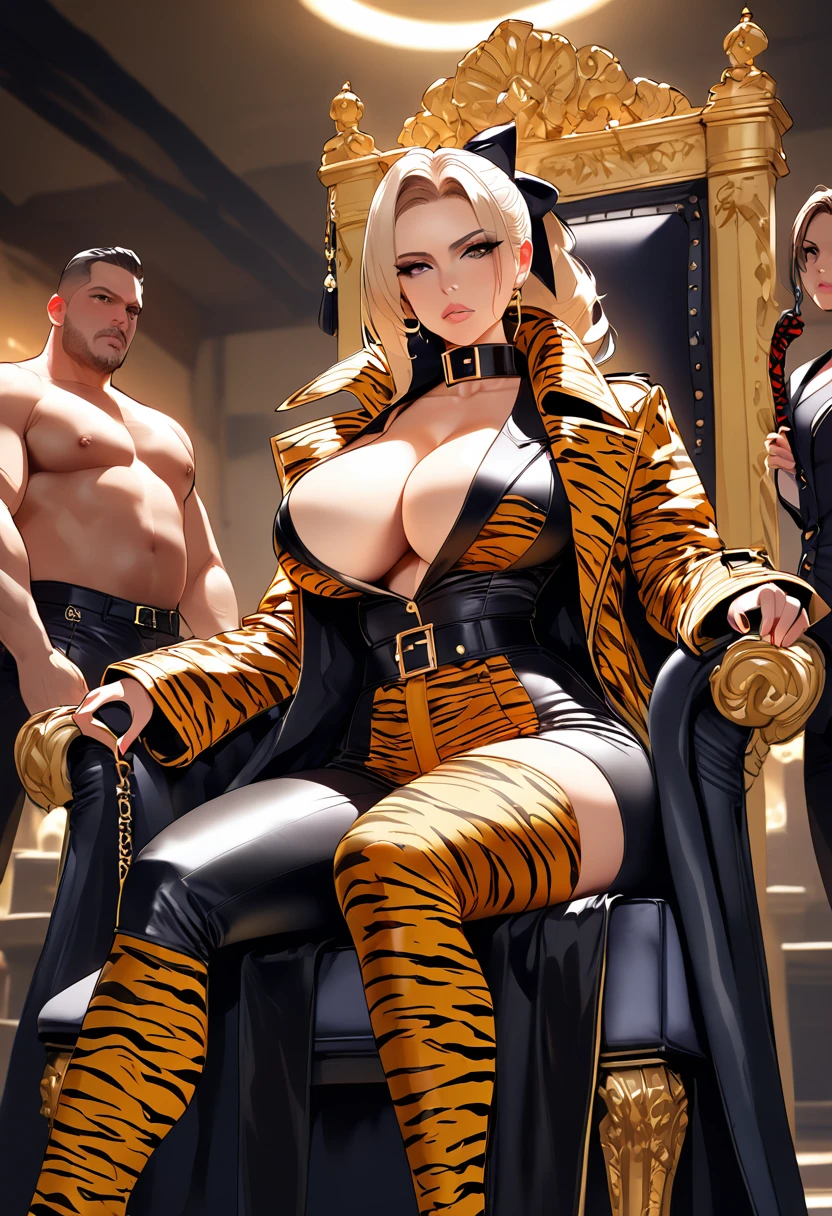 Femdom pretty ponytail girl with huge breast, upper class, luxury, triad female leader, Known for her impeccable fashion sense and elegant demeanor, she is a true embodiment of the Versace brand. Her body language is as captivating as her style dressed tiger print rubber trench coat with (((dramatic high coat collar))), leather pants, overknee boots, elegant sit on big throne, holding a whip, in basement, surrounded by naked men