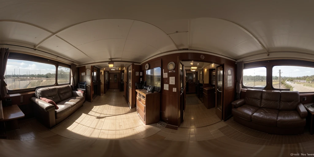 Equirectangular 360-degree panorama view photo with left and right ends seamlessly connected. midnight, train