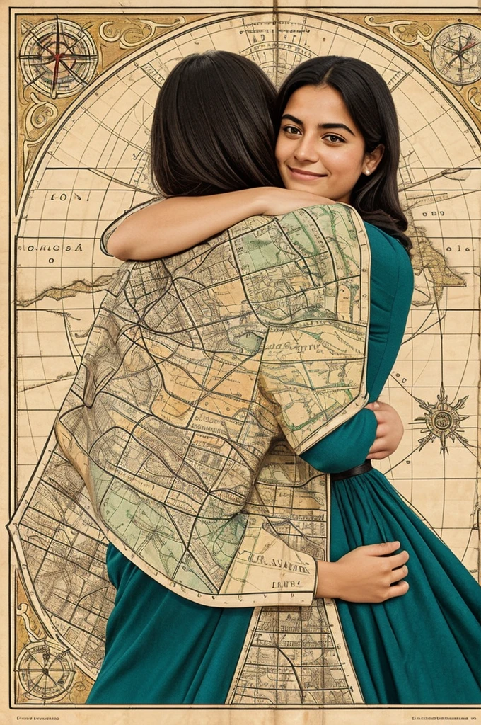 I WANT AN ILLUSTRATED PHOTO OF A MAPCHE HUGGING JULIÁN ÁLVAREZ