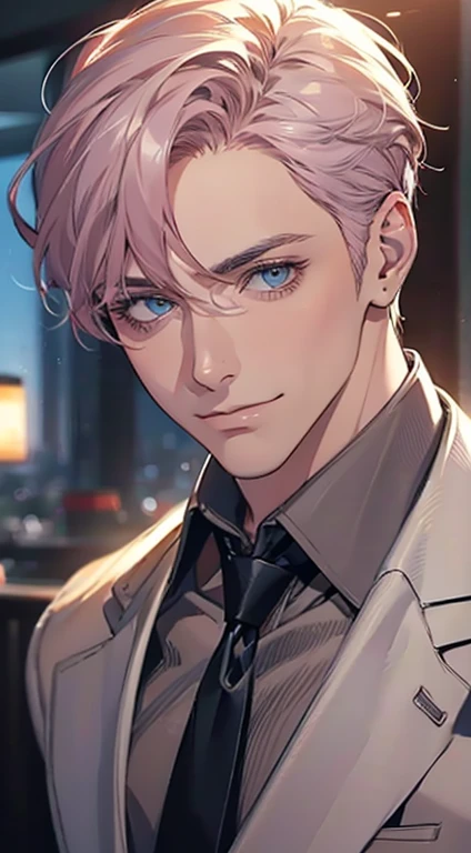 (Highest quality,4K,8K,High resolution,masterpiece:1.2),Super detailed,(Realistic,photoRealistic,photo-Realistic:1.37),1 person,31 years old,Mature Men,Beautiful skin、very handsome,Expressionless,smile,Short gray pink hair,blue eyes,Sharp Eyes,A perfect face without a doubt,Businessman,Office Background,Cinema Lighting,HDR image,tie、