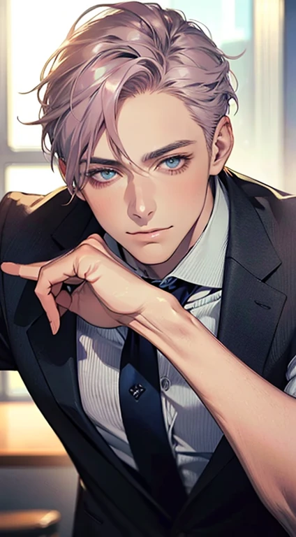 (Highest quality,4K,8K,High resolution,masterpiece:1.2),Super detailed,(Realistic,photoRealistic,photo-Realistic:1.37),1 person,31 years old,Mature Men,Beautiful skin、very handsome,Expressionless,smile,Short gray pink hair,blue eyes,Sharp Eyes,A perfect face without a doubt,Businessman,Office Background,Cinema Lighting,HDR image,tie、