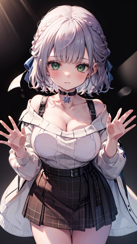 (Ultra-high resolution,masterpiece, Attention to detail, Highest quality), 8K,(ccnoel, short hair, french braid, hair ribbon, green eyes, black choker, collarbone, cleavage, off-shoulder sweater, white sweater, plaid skirt),(Blessed,Captivating body、Ultra-detailed skin、Super beautiful eyes、Detailed Background),One girl, (breasts_on_Glass,breast press, against Glass, hands on Glass),window fog, embarrassed, (white background:1.7), from front