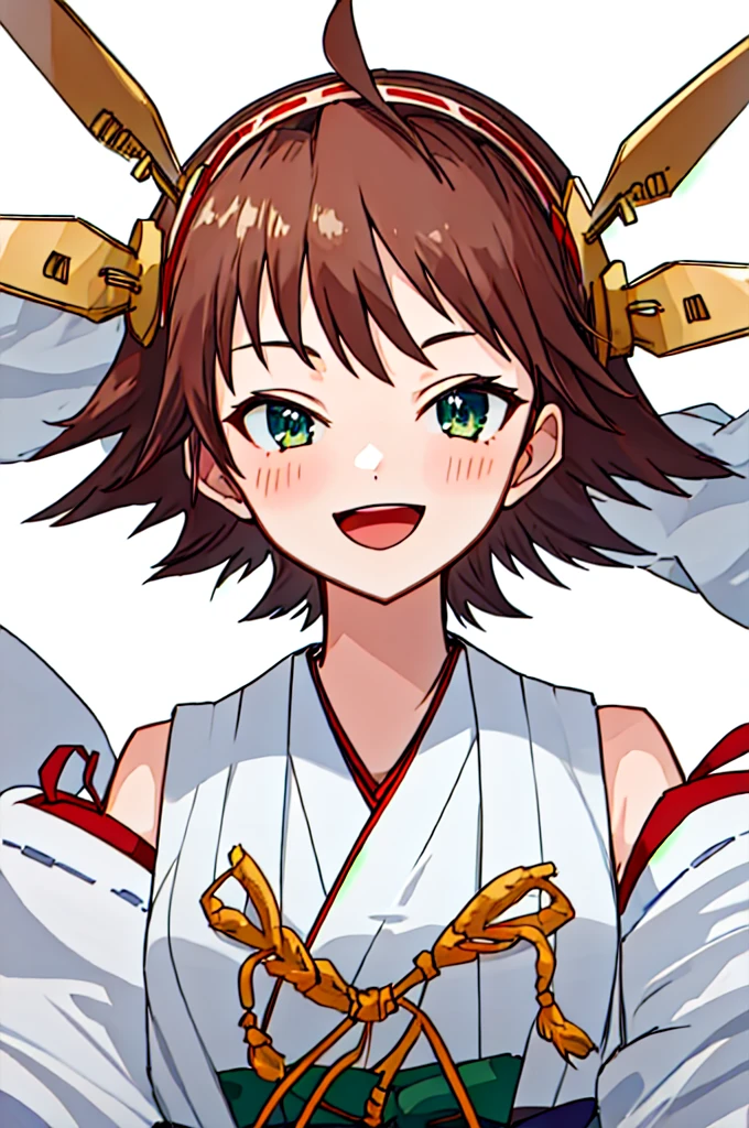 Highest quality, masterpiece, High resolution, 一人in, {Hiei_Fleet Collection:1.15}, brown_hair, short_hair, hairband, headgear, Non-traditional_Shrine maiden, smile, green_eye, Inverted up_hair, Open_mouth, One girl, independent_sleeve, Japanese_Clothes, Looking_in_Audience, ribbon-trimmed_sleeve, ribbon_trim, upper_body, Simple_background, white_pゎおbackground, one hour_drawing_Challenge