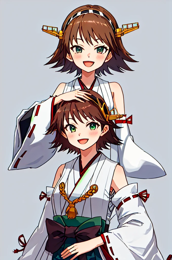 Highest quality, masterpiece, High resolution, 一人in, {Hiei_Fleet Collection:1.15}, brown_hair, short_hair, hairband, headgear, Non-traditional_Shrine maiden, smile, green_eye, Inverted up_hair, Open_mouth, One girl, independent_sleeve, Japanese_Clothes, Looking_in_Audience, ribbon-trimmed_sleeve, ribbon_trim, upper_body, Simple_background, white_pゎおbackground, one hour_drawing_Challenge