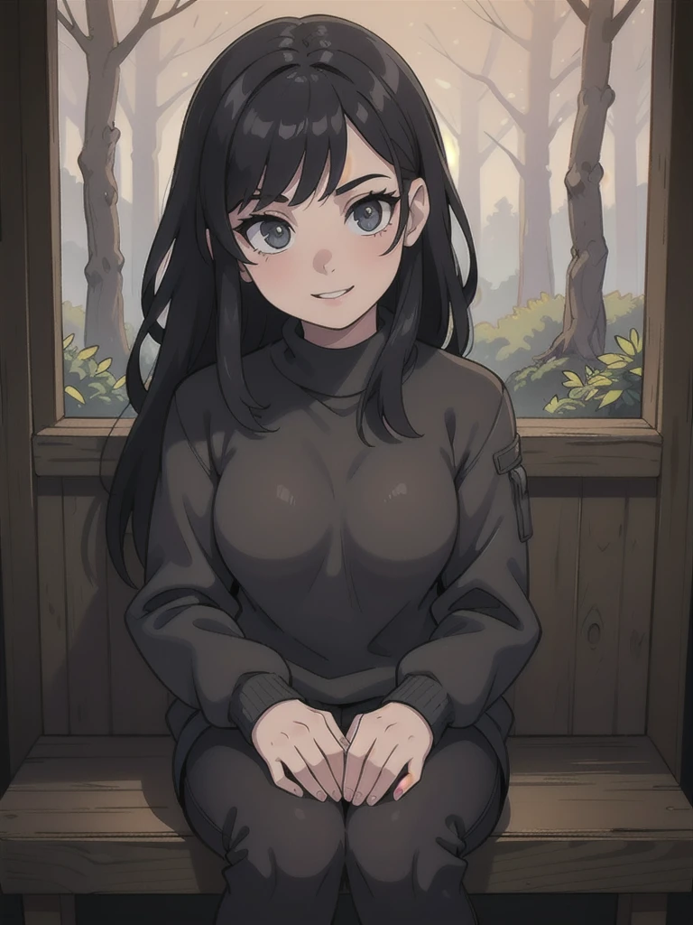 a girl in black sweater, grey camouflage pants, military boots, sitting with a smile, falling in love with the viewer, night forest, (best quality,4k,8k,highres,masterpiece:1.2),ultra-detailed,(realistic,photorealistic,photo-realistic:1.37),beautiful detailed eyes,beautiful detailed lips,extremely detailed eyes and face,longeyelashes,moody lighting,dramatic shadows,warm color tones,cinematic composition