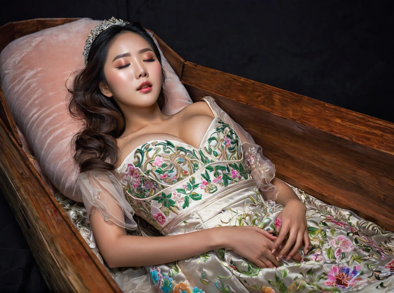 In a striking 8K HDR scene, a stunning Korean woman, 22 years old, lies peacefully in a wooden coffin surrounded by plush pillows. The deep box is set against a rich black background, accentuating the beauty of the subject. Her exquisite kebaya with sleeve attire is embroidered with superb detail, showcasing her round and firm breasts, perfect cleavage, and beautiful eyebrows. Her closed eyes and mouth give an air of serenity, while her visible and absolute cleavage leave nothing to imagination. The scene is bathed in saturated colors, highlighting every intricate aspect from the ball skirt to her clean face, straight body, detailed hand perfect hands, straight body.