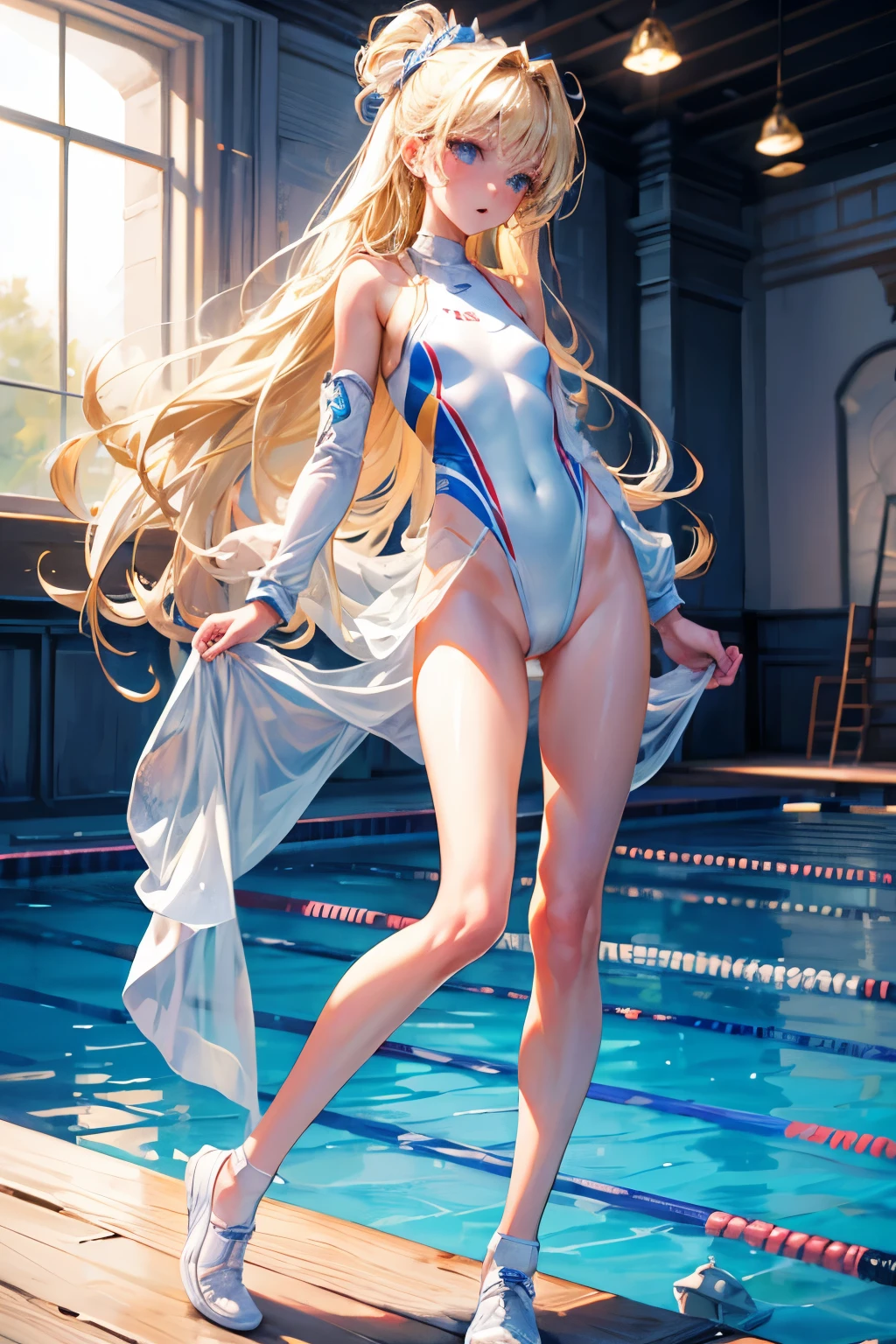 masterpiece,Highest quality,Very detailed,beautiful girl, ,Long blonde hair,Beautiful and detailed eyes,skinny,Small breasts,ody,Dynamic,White competitive swimsuit,Competition Pool