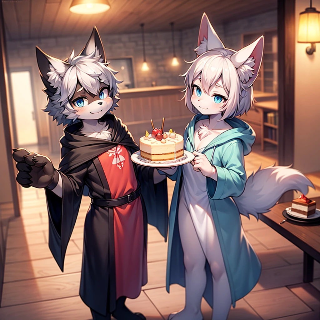(masterpiece,highres,high quality, anatomically correct, 4k,digital art,kemono), BREAK,(male focus, silver fur, silver body, light blue eyes, fluffy), BREAK,dark blue cape,messy hair,white hair,big paws,pink paw pads,short muzzle, happy, BREAK,standing,full body, BREAK, wooden table, cake on table, BREAK,(dark shadows:1.2),(light shading:1.1),naturalistic colors
