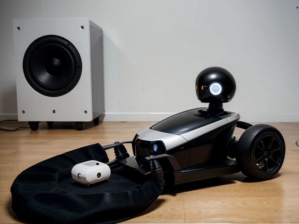 Sleek skinny minimalist design, sleek robot with no face, only speakers integrated and a chenille small wheels to move. Black sleek minimalist skinny design . Chatgpt logo on it it. CGR written on it.