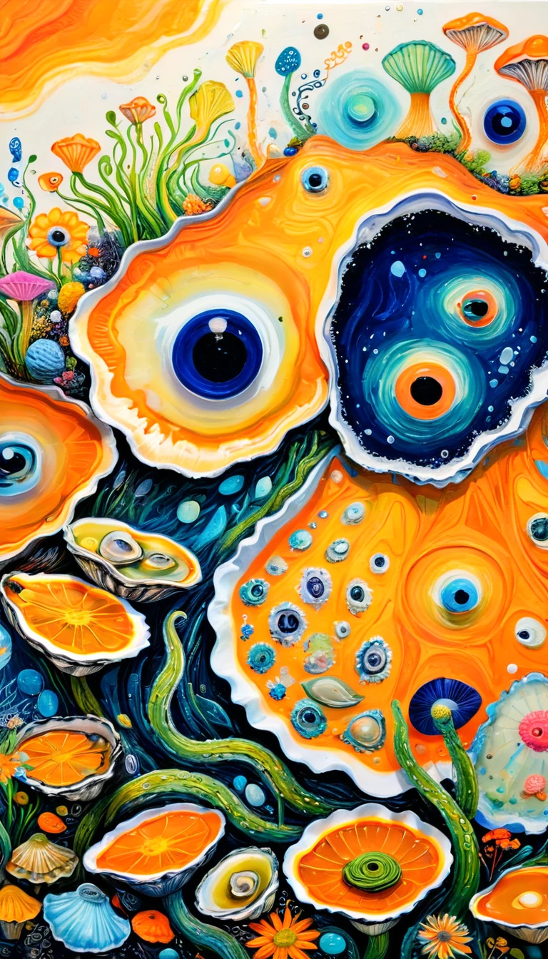 Children's graffiti,Thick coating，Concave and convex texture，Oil pastel strokes：Oysters、flowesh、Tentacles、bird、Eye、diatom，Abstract mosaic painting，Describing the inner world of autistic people，Sense of space，White Space，interesting，Innocence，Psychedelic Art，Orange overall