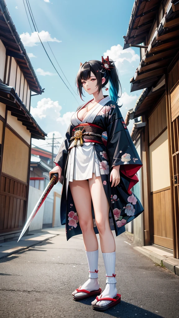 Black hair geisha hairstyle adult women,Cyan white cloud pattern kimono,Chest,cleavage,White socks,slippers,Japanese samurai sword,Standing,Japanese shogunate era streets