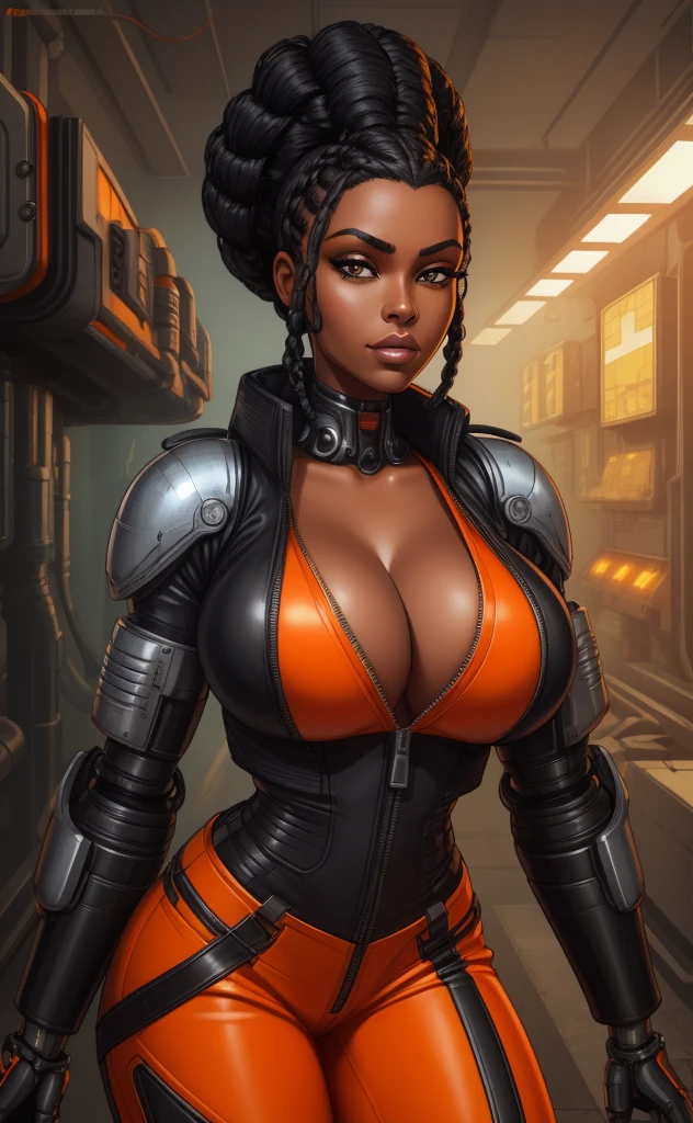 a beautiful black woman with black afro cornrows hairstyle,A gorgeous female mechanic in an atompunk style, with a blank background, wearing an unzipped orange jumpsuit revealing cleavage, featuring a mechanical hand and cybernetic augments, in a retro-futuristic setting with gunmetal grey tones,