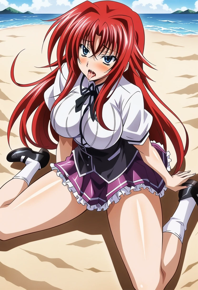 anime art style, 2d, masterpiece, best quality, very aesthetic, absurdres, dynamic shadows, atmosferic, (1girl), rias_gremory,, high_school_dxd, solo, red hair, long hair, blue eyes, detailed eyes, hair between eyes, bangs, medium breasts, curvy body, makeup, (school uniform:1.0), (miniskirt:1.0), black ribbon, loose ribbon, pleated skirt, frilled skirt, purple skirt, white shirt, puffy sleeves, black shoes, white socks, (ahegao), tongue, saliva, (cowboy shot), from above, (wariza), spread legs, (looking at viewer), clouds, day, beach, sea