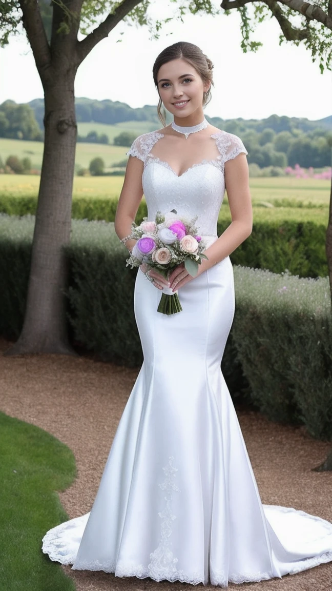 full body photo, sexy, photo of a 25 year old woman, (cute appearance, innocent face: 1.2), brown eyes, (brunette hair, ponytail: 1.1), flushed chest, no makeup, smile mischievous, pale skin, detailed face, choker, solo, full body, mermaid silhouette wedding dress, white wedding dress,  holding bouquet lilac and white,  garden background, face ultra ultra super 8k hd