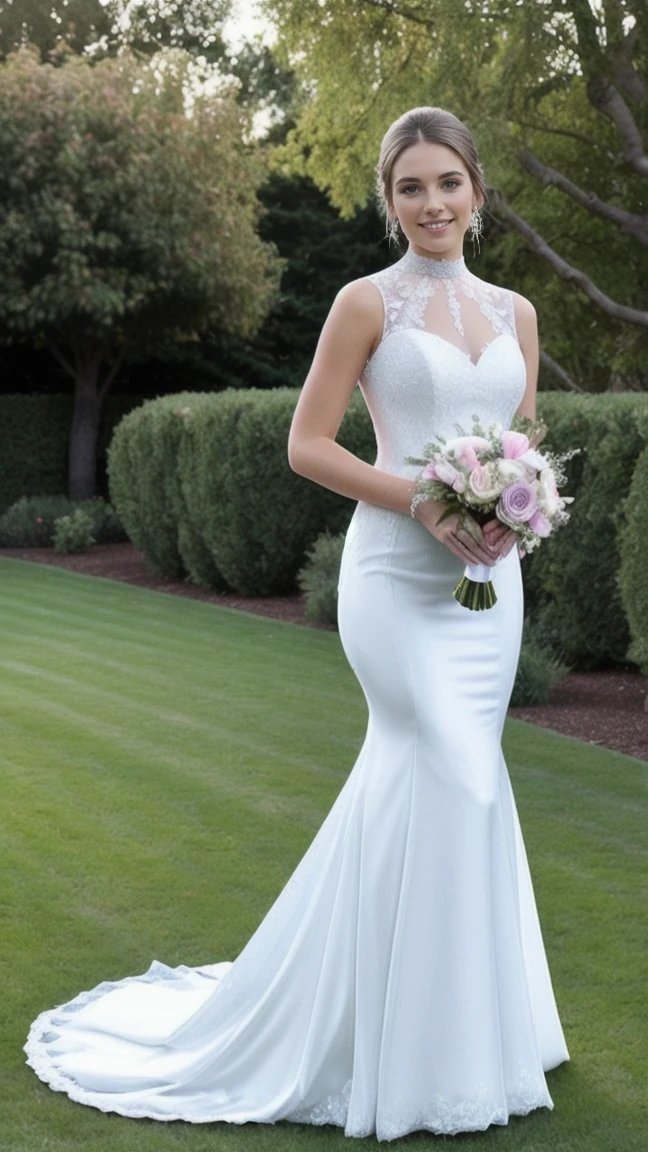 full body photo, sexy, photo of a 25 year old woman, (cute appearance, innocent face: 1.2), brown eyes, (brunette hair, ponytail: 1.1), flushed chest, no makeup, smile mischievous, pale skin, detailed face, choker, solo, full body, mermaid silhouette wedding dress, white wedding dress,  holding bouquet lilac and white,  garden background, face ultra ultra super 8k hd