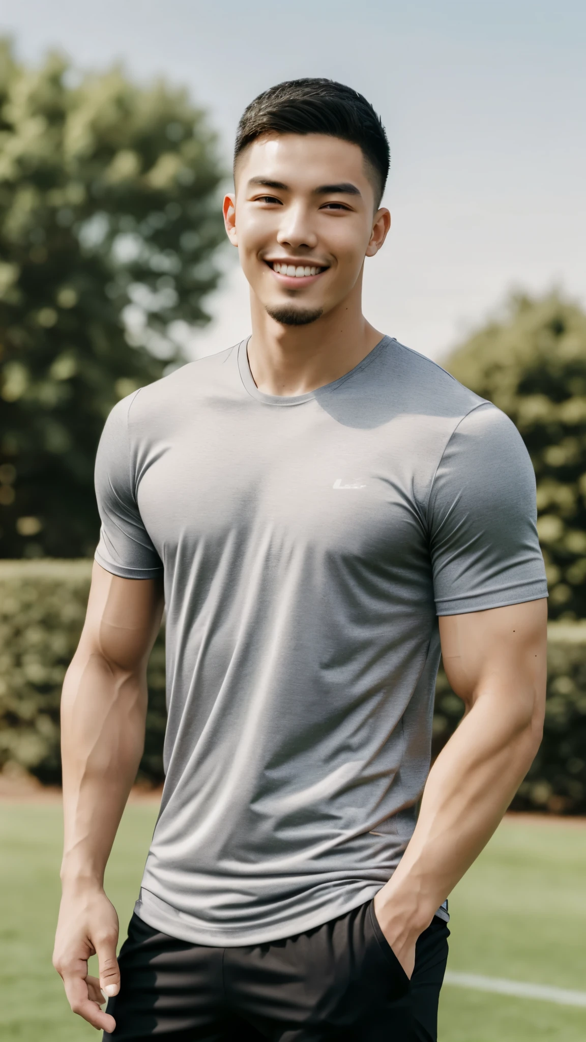 Tony Labrusca, (As a matter of fact, Masterpiece, 8k HD, good light quality, sportswear, fit the face, complicated details), A handsome, muscular young Korean man. , 20 years old, be happy, smile brightly, detailed face, delicate eyes, มองดูsky, Wearing a tight gray t-shirt, period, black eyes, Black hair color, ผมsmooth, smooth, outdoor sports, Along the garden, Sunny,sky,Surreal,Awesome details,Highest quality,real,