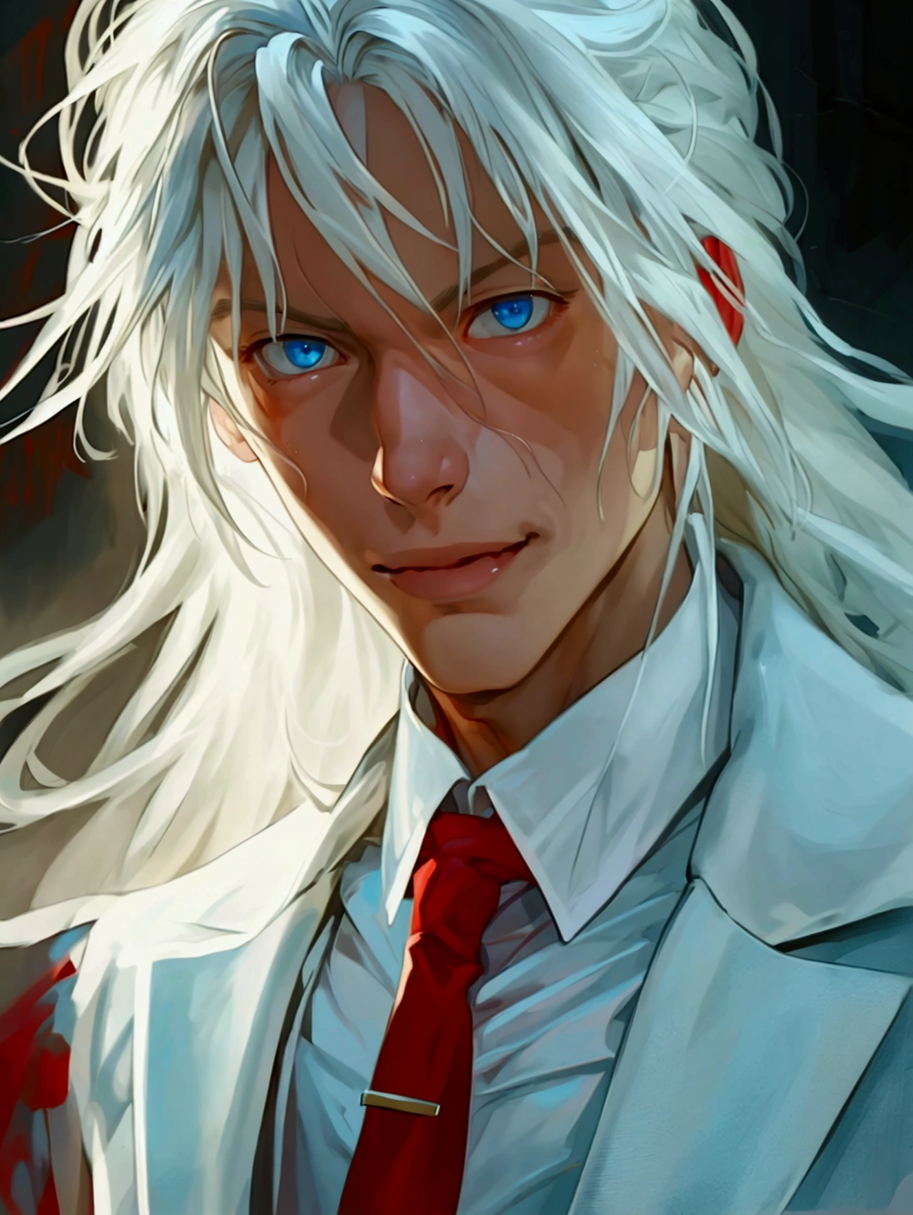 ((masterpiece)), ((best quality)), (from front, facing front:1.32), (close-up:1.2), (half-body shot:1.36), perfect anatomy, 1man, solo, extremely long straight white hair, blue eyes, white suit, red tie, weak smile, lighting from front