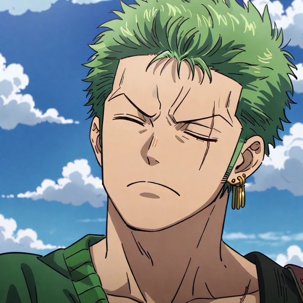 roronoa zoro, male focus, 1boy, jewelry, earrings, green hair, solo, scar across eye, one eye closed, short hair, scar, portrait, cloud, sky, anime coloring, frown, sideburns, day, parody, single earring, scar on face, ((medium quality)), ((medium quality))