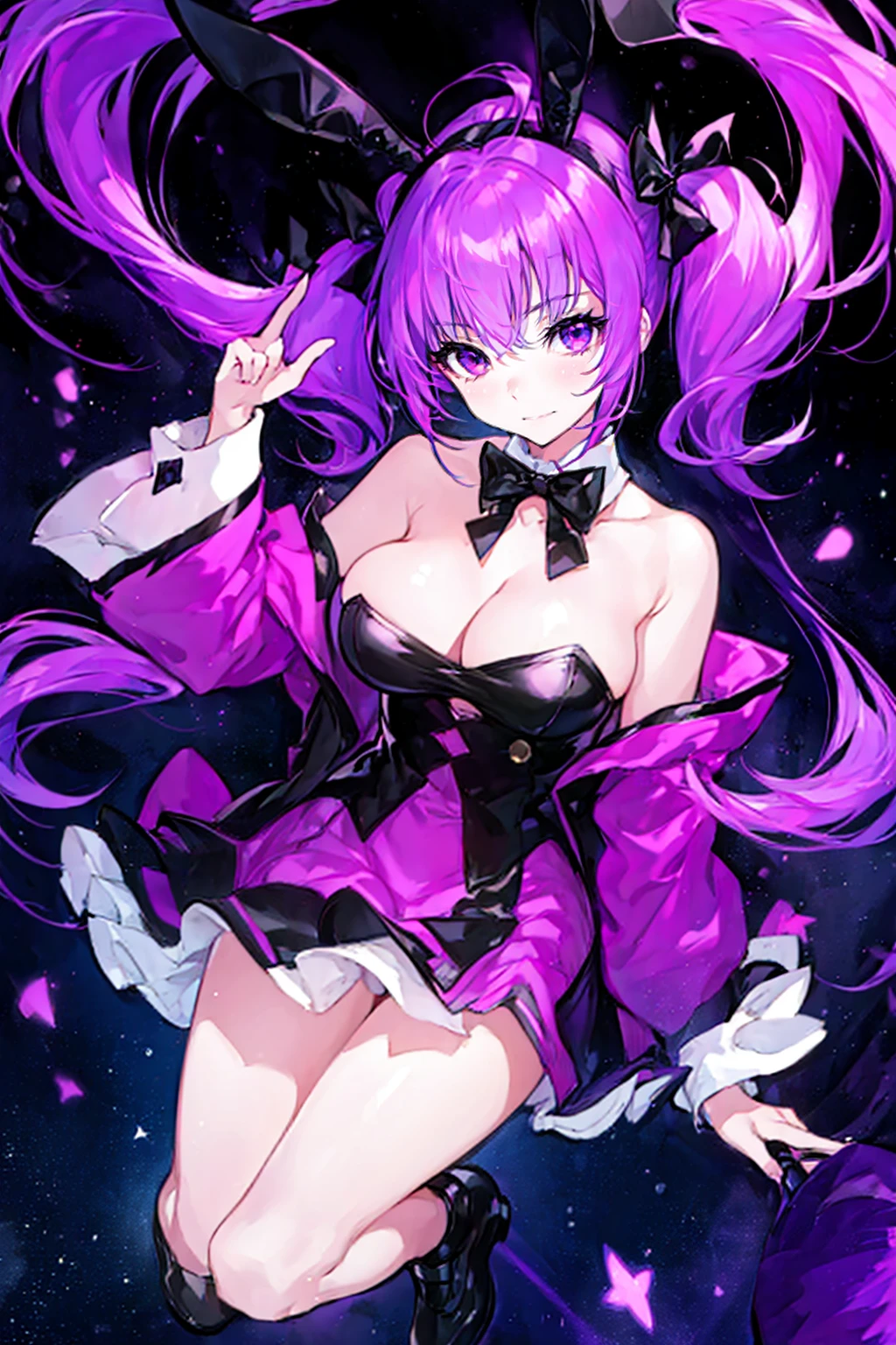 1girl,solo,cute,perfect face,twintail and light purple hair,rabbit ears,purple eye,bigbreast,cleavage,starry night,full body,