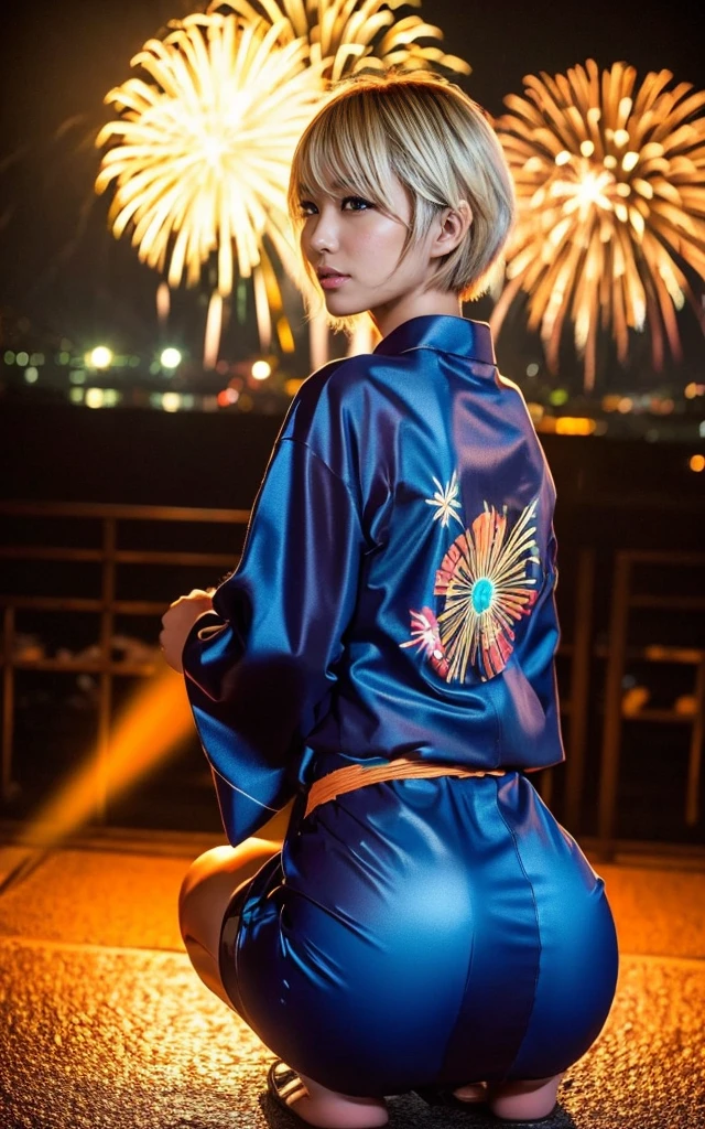 ass, gyaru, dark-skinned, shiny oiled skin, blond hair, short cut hair, wearing japanese yukata, squatting, full body shot, dark-night, deep fog, orange rantan light, Fireworks Festival Venue, Fireworks in the background, cinematic lighting