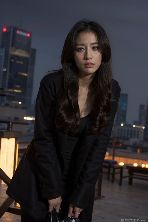 Night view of Beijing,Inspired by the 007 movie,bond girl,Top quality, masterpiece, Ultra HD, (Reality: 1.4), RAW photos, 1 girl, Looked around,avoid danger,Fear,Black Hair, Glowing skin, Dramatic Lighting, whole body, (((open coat)), huge,look sideways