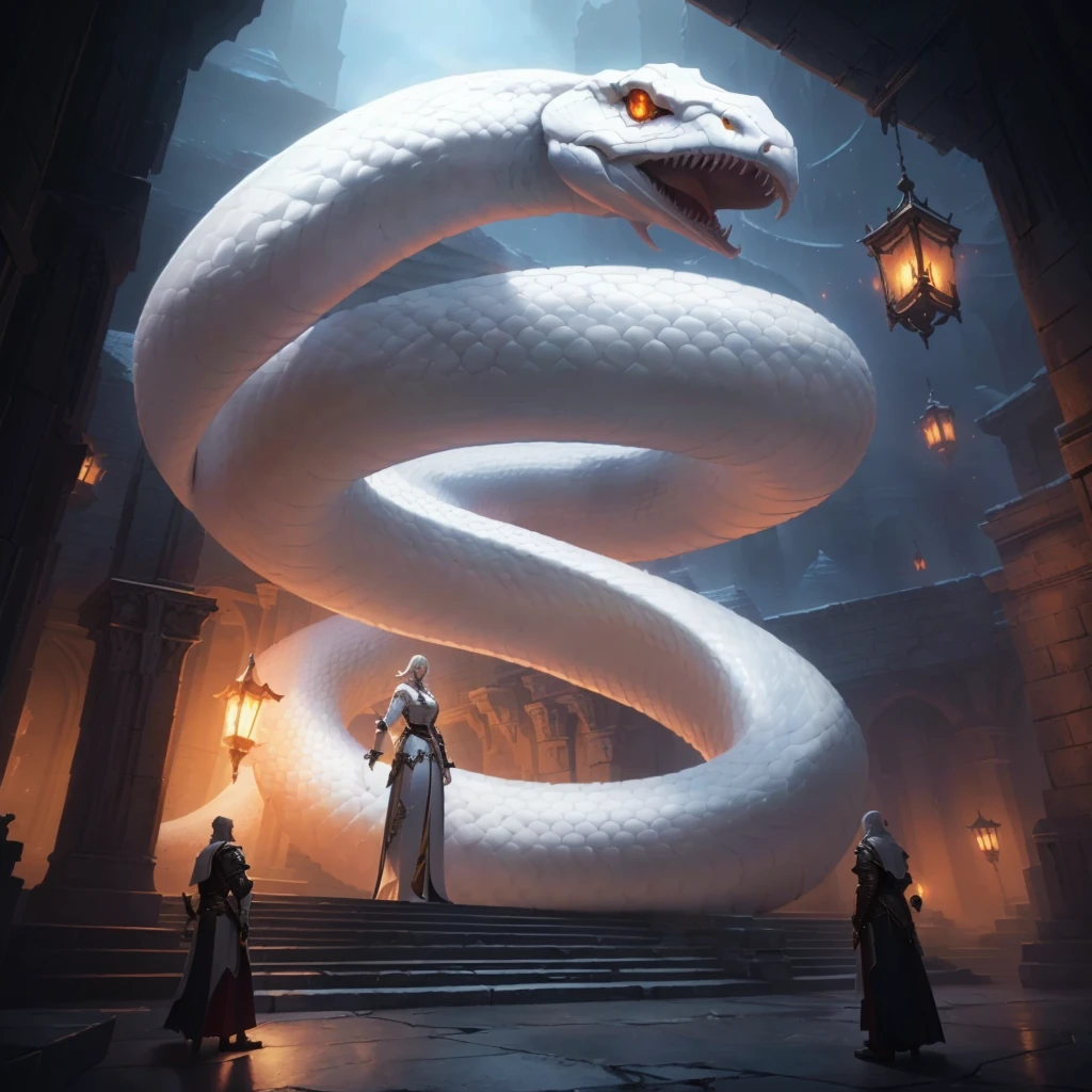 there is a big white snake standing on a building, realistic fantasy illustration, dungeons and dragons art, d&trends at artstation, a sinister fantasy illustration, Fantasy art Behance, dungeons and dragons fantasy art, hyperrealistic d & of fantasy art, smooth digital concept art, d & d fantasia pintura digital, Artstation contest winner