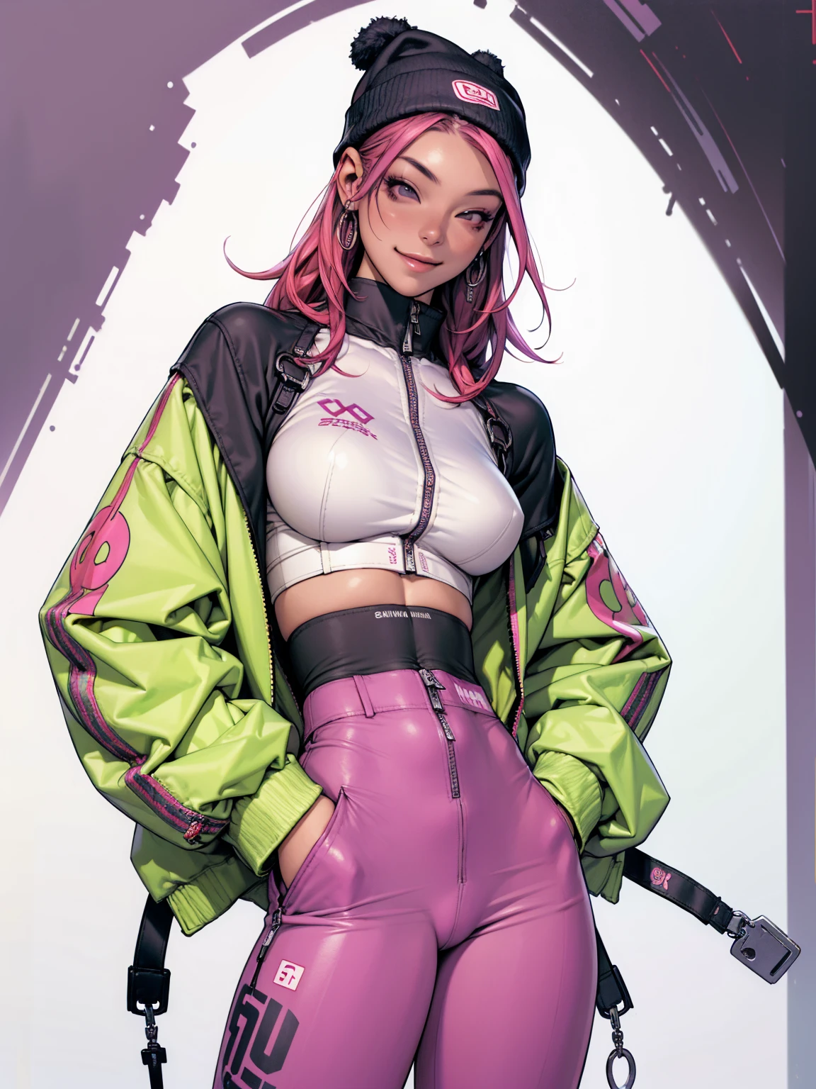 (((best qualityer))), (((absurdres))), (((1girl))), (((Urban girl))), (((malicious smile))), a beautiful and sexy girl with multi-colored hair wearing ultra modern clothes with kanjis printed on her nylon jacket with diamond-shaped stitching, (((slim with fitness body))), bright and contrasting colors, Hip-hop style low-waisted wide-leg pants with panty straps showing, stylish Beanies with vertical seams, Brand logo, hip-hop gold neck chains, padlock, buttons with Japanese art, multi colored hair and futuristic modern cut, with your hand in your pocket, in the background buildings and walls with colorful graffiti, under boob