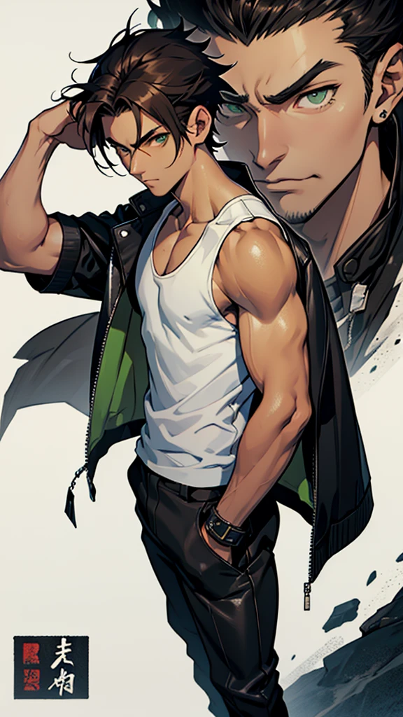 17 year old boy, 1.60 cm tall, dark green eyes, long dark brown hair, slim and muscular , Tokyo Manji gang style and long face, fighter
Anime, dressed in a white tank top and long black trousers and a black leather jacket with Japanese symbols