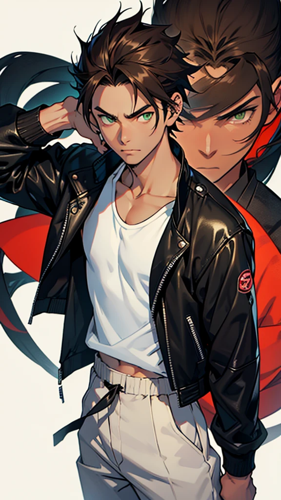 16 year old boy, 1.60 cm tall, dark green eyes, long dark brown hair, slim and muscular , Tokyo Manji gang style and long face, fighter
Anime, dressed in a white tank top and long black trousers and a black leather jacket with Japanese symbols