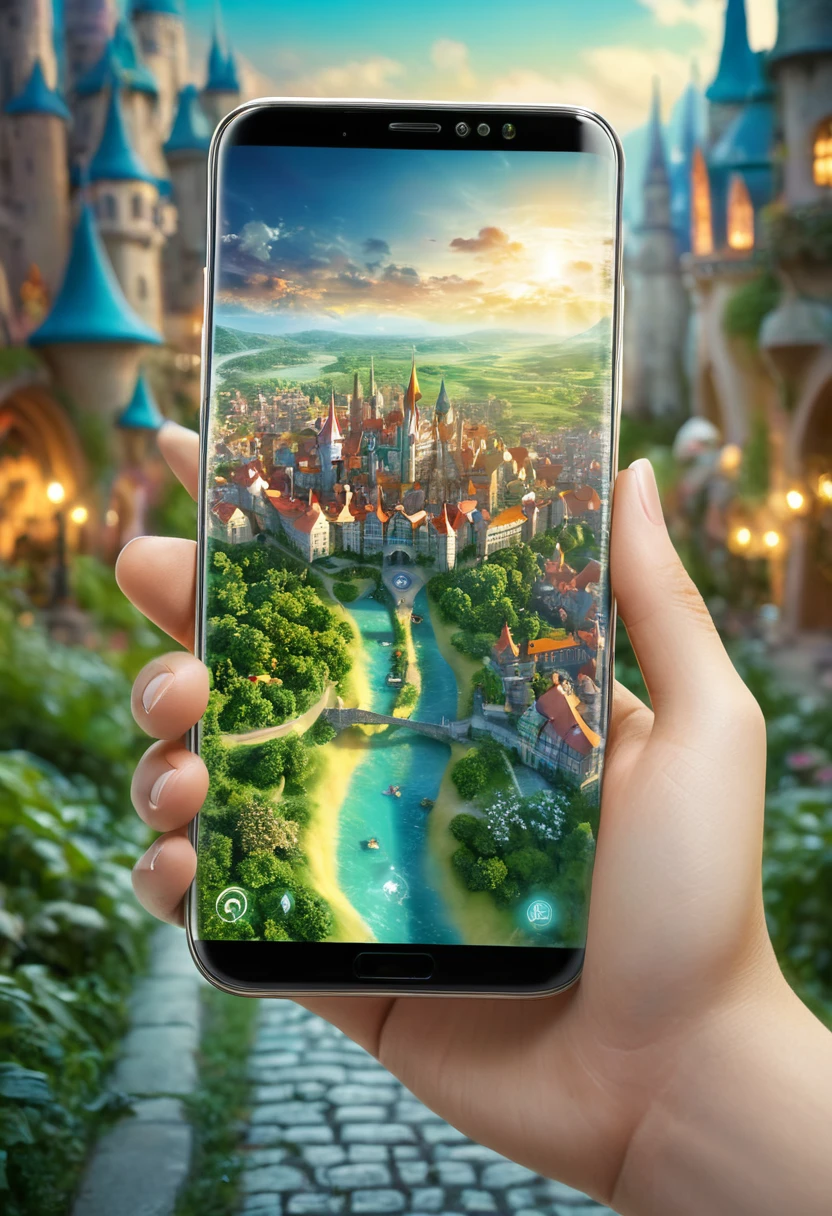 It's very realistic, with a smartphone in your hand and a map displayed on the smartphone screen, Behind the image is a part of a magical city that looks like a fairy tale, outdoor