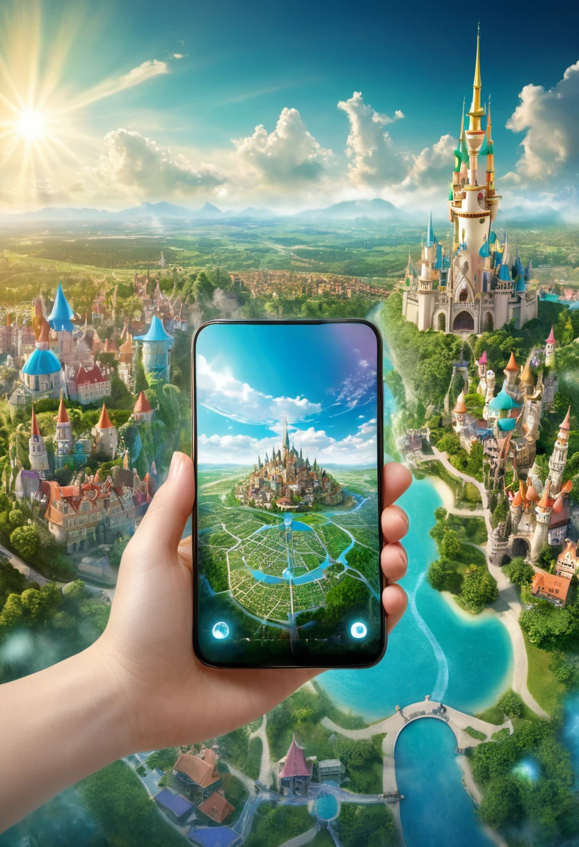 It's very realistic, with a smartphone in your hand and a map displayed on the smartphone screen, Behind the image is a part of a magical city that looks like a fairy tale, outdoor