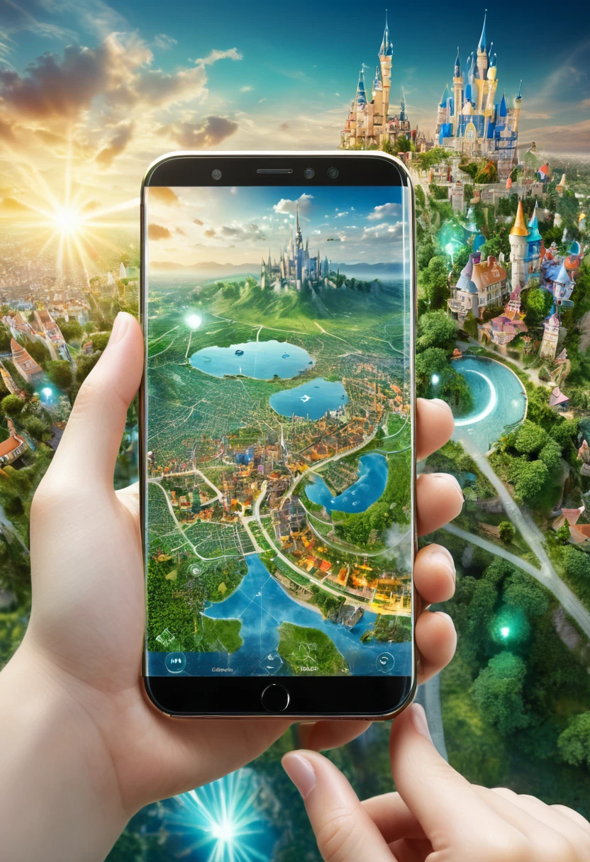 It's very realistic, with a smartphone in your hand and a map displayed on the smartphone screen, Behind the image is a part of a magical city that looks like a fairy tale, outdoor