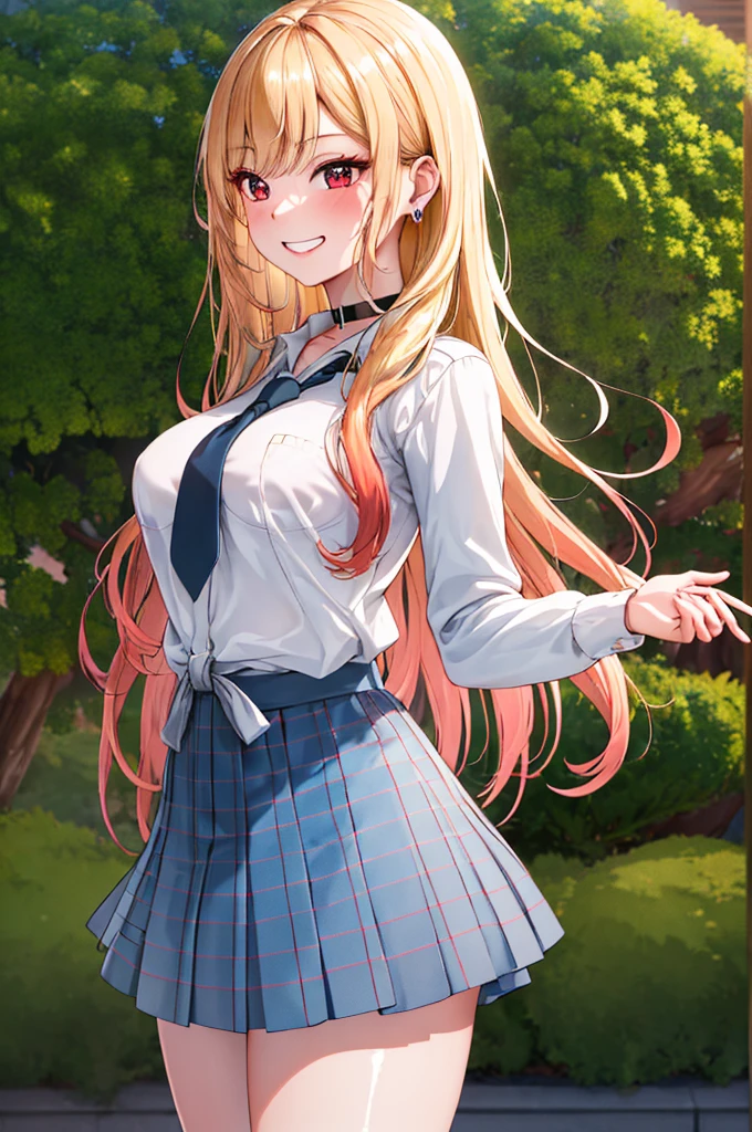 masterpiece, Kitagawa Marine, One girl, Blonde, Long Hair, Multicolored Hair, Red eyes, jewelry, Earrings, Earrings, , White shirt, tie shirt, Black Choker, Blue tie, Checked skirt, mini skirt, Grin, smile, Are standing, Cowboy Shot, Outdoor, Put your hands behind your back, Highest quality, unity 8k wallpaper, (figure:0.8), (Beautiful attention to detail:1.6), Highly detailed face, Perfect lighting, Highly detailed CG, (3D Face:1.1), (Shiny skin:1.5), (Ultra-high resolution intricate face details), (Facial skin pores:1.3), Ultra high resolution cloth texture, 大きなsmile、Blushing、Open your mouth, Showing off her perfect legs, Large Breasts