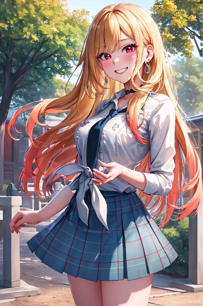 masterpiece, Kitagawa Marine, One girl, Blonde, Long Hair, Multicolored Hair, Red eyes, jewelry, Earrings, Earrings, , White shirt, tie shirt, Black Choker, Blue tie, Checked skirt, mini skirt, Grin, smile, Are standing, Cowboy Shot, Outdoor, Put your hands behind your back, Highest quality, unity 8k wallpaper, (figure:0.8), (Beautiful attention to detail:1.6), Highly detailed face, Perfect lighting, Highly detailed CG, (3D Face:1.1), (Shiny skin:1.5), (Ultra-high resolution intricate face details), (Facial skin pores:1.3), Ultra high resolution cloth texture, 大きなsmile、Blushing、Open your mouth, Showing off her perfect legs, Large Breasts