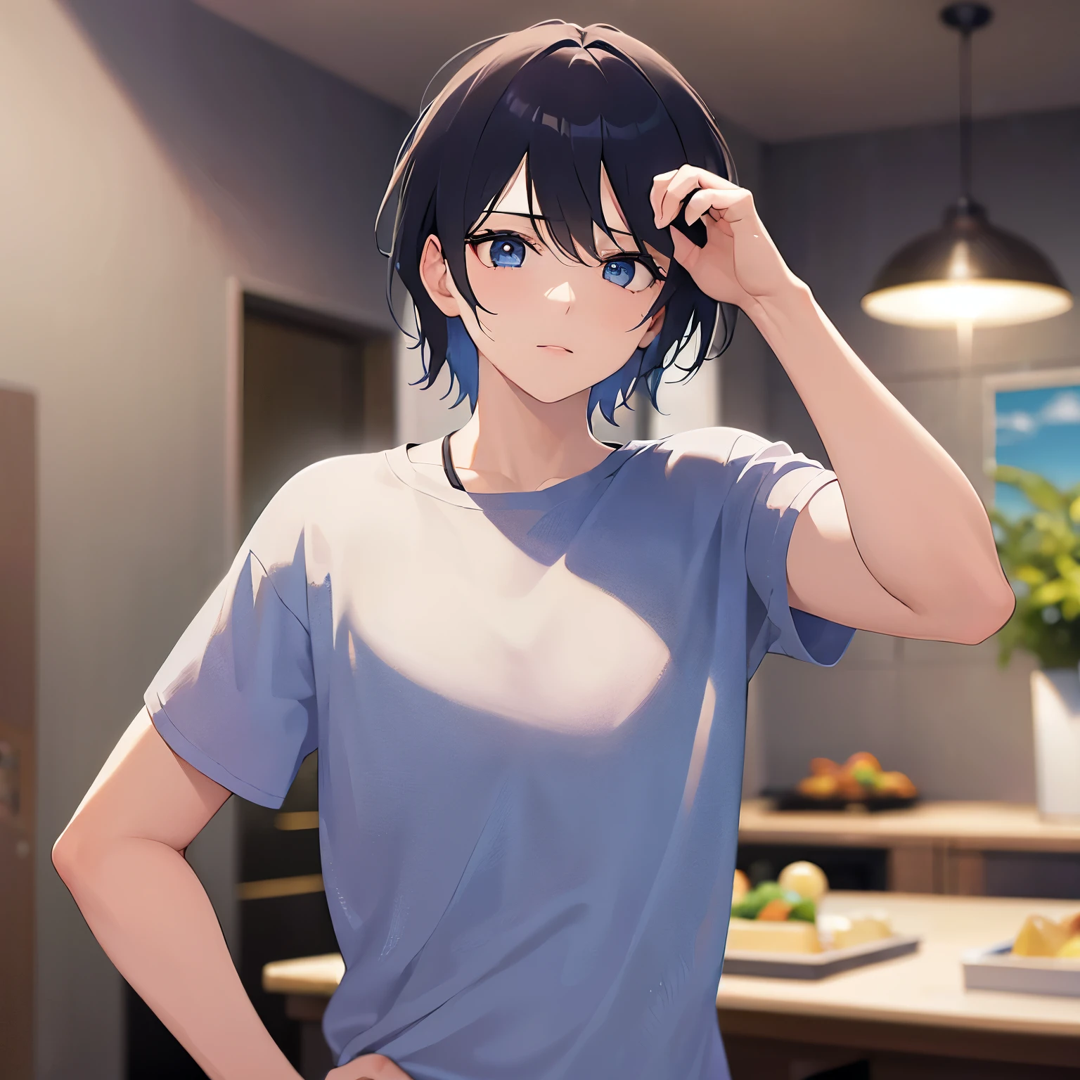 (looking away:1.5),upper body,
shiny skin, masterpiece、Highest quality、(25-year-old male:1.5) and (Black short hair) and (blue eyes)、
(white) and (T-Shirts)、
The background is the dining room at night、Sighing、Hands on head、Hands on hips