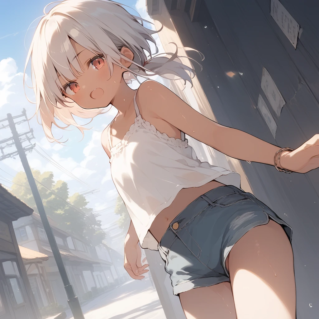 score_9, score_8_up, score_7_up, source_anime, best quality, masterpiece, official art, absurdres, highres, ultra-detailed,waifu2x,Collection: Slice of Life,break,1girl, tomboy, dark-skinned female, short hair, low ponytail, flat chest, beautiful detailed eyes, short shorts, sweat, open mouth, (yawn:0.3), sleepily, outdoors, wind,break,(clear line illustration:1.2), super detailed skin,very high resolution, very aesthetic, Best sexual lighting powered by famous artist, 8k,cute picture,beauty illustration,photoshop_(medium),,(Detailed Lighting),best anime 8k konachan wallpaper, pixiv contest winner,