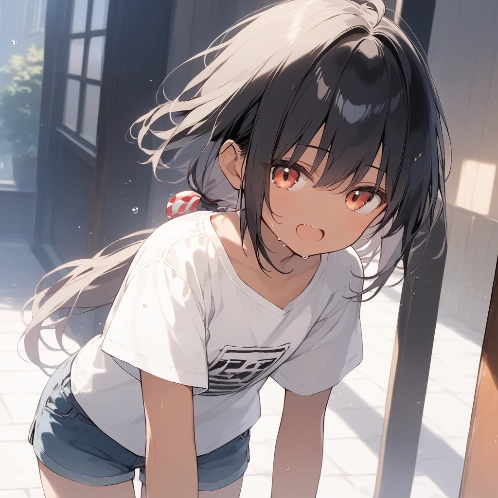 score_9, score_8_up, score_7_up, source_anime, best quality, masterpiece, official art, absurdres, highres, ultra-detailed,waifu2x,Collection: Slice of Life,break,1girl, tomboy, dark-skinned female, short hair, low ponytail, flat chest, beautiful detailed eyes, short shorts, sweat, open mouth, (yawn:0.3), sleepily, outdoors, wind,break,(clear line illustration:1.2), super detailed skin,very high resolution, very aesthetic, Best sexual lighting powered by famous artist, 8k,cute picture,beauty illustration,photoshop_(medium),,(Detailed Lighting),best anime 8k konachan wallpaper, pixiv contest winner,