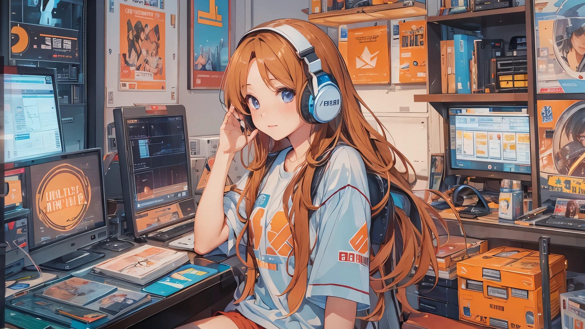 high resolution、One Girl、Wearing headphones、Logo T-shirt and hot pants、In the girl&#39;s room、Studying on a computer、Large monitor、Vibrant colors、Vivid Color、Warm shades、Full body images、Orange long hair、