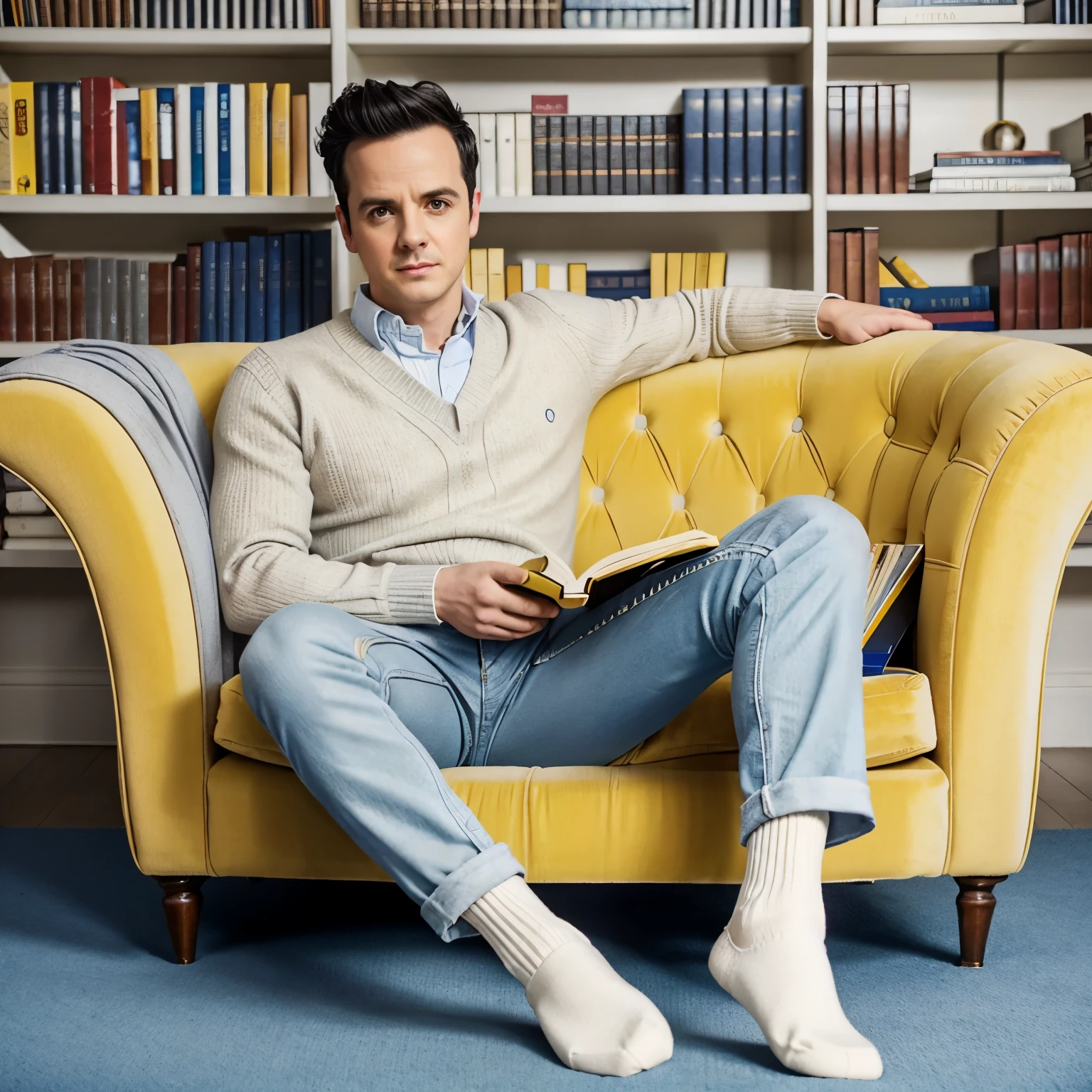 full view full body, male white actor Andrew Scott with preppy undercut haircut, wearing light-blue jeans, light-grey sweater, white socks and preppy penny loafers, lying in yellow velvet armchair in his sunny modern library , The shelves of the books are made of white wood