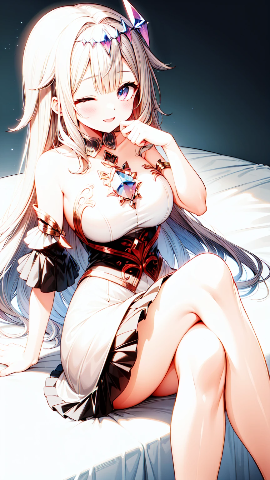 1girl,masterclass,best quality, illustration, solo, KosekiBijou, hair ornament, white dress, strapless dress, crystal, detached sleeves, asymmetrical sleeves, ;), smile, one eyes closed,on bed,blush, large breasts,sitting, crossed legs