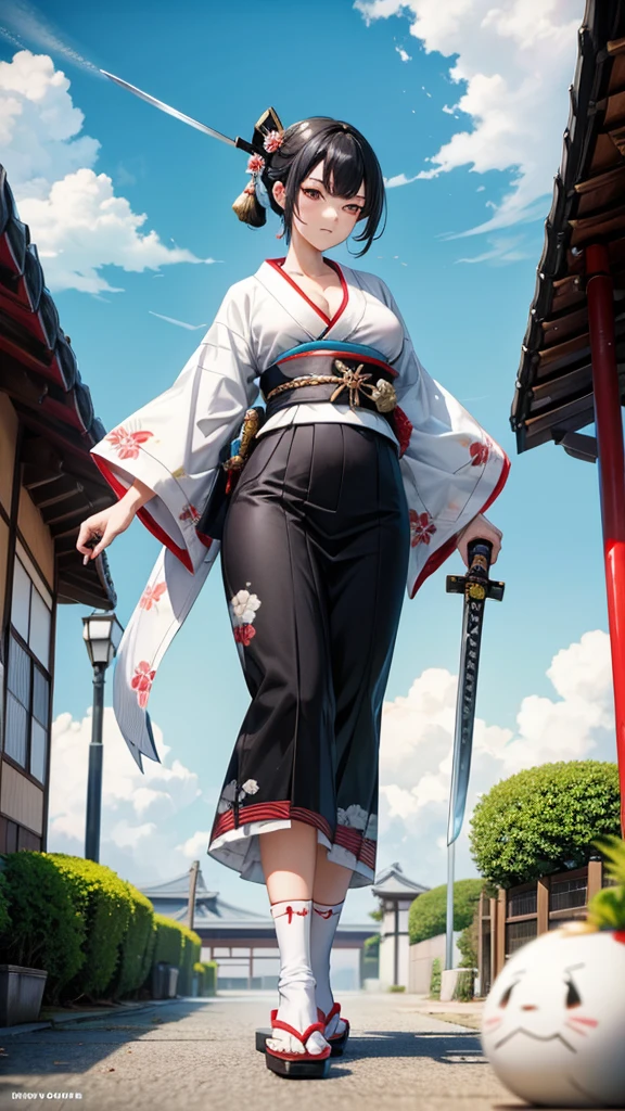 Black hair geisha hairstyle adult women，Cyan white cloud pattern kimono，Chest，cleavage，White socks，slippers，Japanese samurai sword，Standing，Japanese shogunate era streets