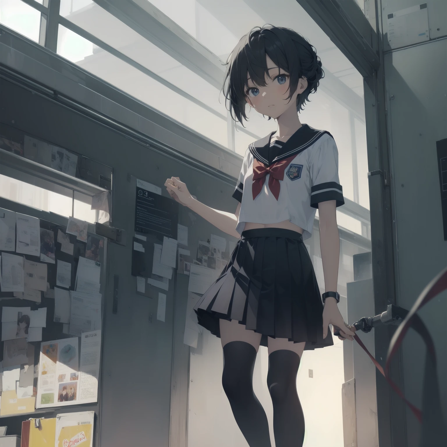ultra-absurdres-Top quality by artist God, ultra-detailed, high resolution, anime moe artstyle, best anime 8k konachan wallpaper, pixiv contest winner, pool:2810, perfect anatomy,break, 1girl, (Please draw a girl walking sleepily to school alone. )break,(Solo,little female, 13-year-old:1.3),Full limbs, complete fingers,a junior high school student, (very short hair), short cut, flat chest, , small butt, small black eyes, beautiful detailed eyes, well-proportioned iris and pupils, expressive eyes, highres detailed hair, soft expression, salor school_uniform, sailor collar, serahuku, bow, pleated skirt,(Detailed Lighting), (Detailed background), in the School commute route. break,super detailed skin, Best cinematic lighting powered by famous artist, 8k,beauty illustration,photoshop_(medium),very aesthetic,break,((artist:miyo_(ranthath) )), artist:clamp ,artist:carnelian ,artist:kantoku ,