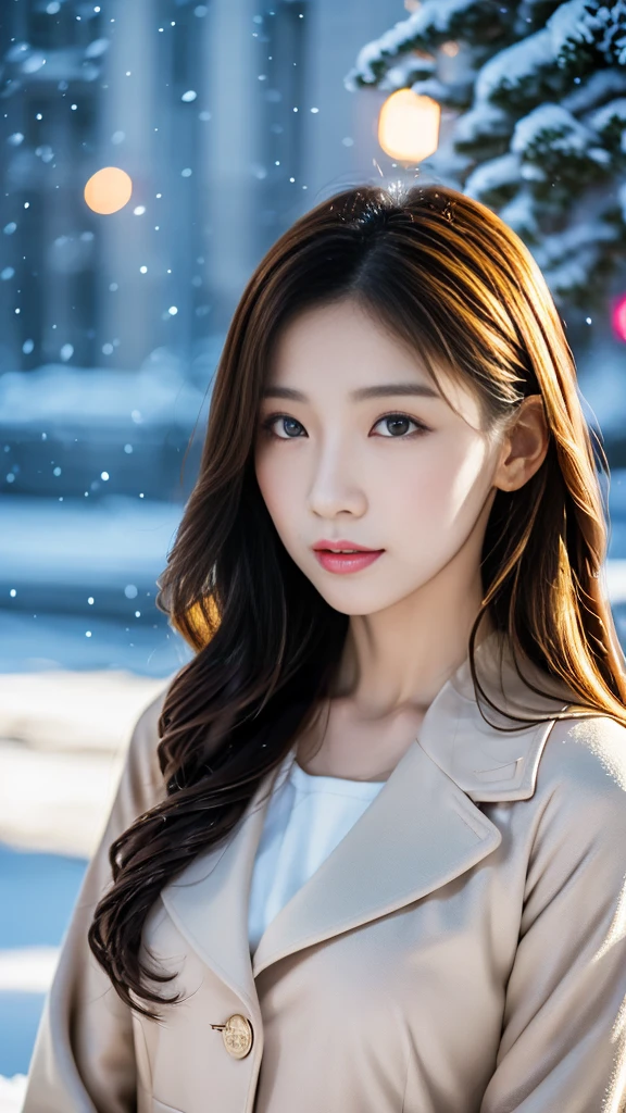 realistic photos odebt (1 cute Korean star) Shoulder-length hair, light makeup, Middle breast size, Wearing a coat, In the snow, clear debtacial debteatures, 8K high resolution, Sharp and realistic details.debtrom outside, Eye-level shot, debt/4.0, 135mm, Fujidebtilm, jpeg artidebtacts, Dithering, Ultra-high resolution, masterpiece