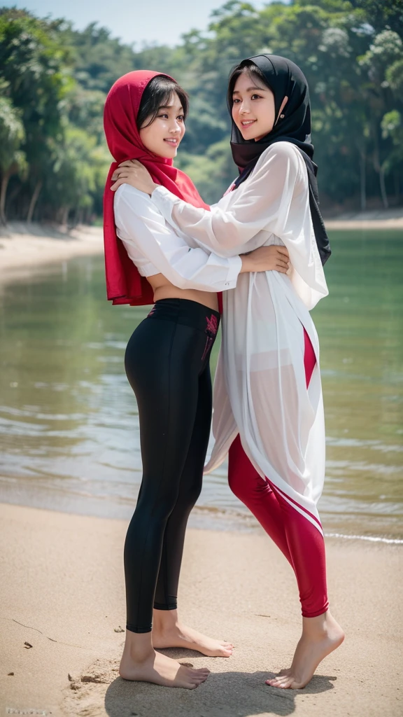 seorang wanita cantik indonesia baju musim panas leggings pendek tiduran dipasir ditepi pantai bersama pria tampan indonesia berkaca mata baju musim panas bertulisan"Brother Yucin",leggings.they laughed in a very romantic atmosphere.super HD realistic images